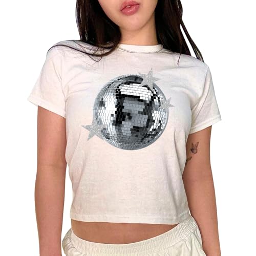 Disco Ball Baby Tee - Y2K Aesthetic Baby Tee, Mirrorball Aesthetic Graphic Tshirt, Y2K 90s Fitted Shirt
