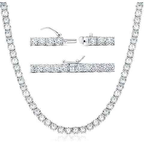 MOFEIJEWEL Tennis Necklace 18K White Gold Plated 5A 4.0mm Round Cubic Zirconia Cut Faux Diamond Chain for Women and Men 16inch 4 Prong Cover