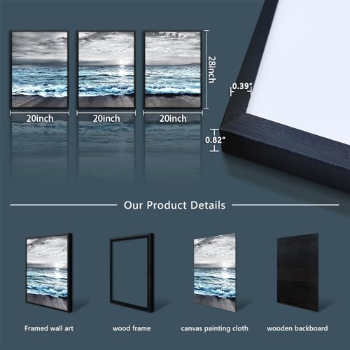 Black Framed Wall Decorations For Living Room Large size 3 Piece Framed Canvas Wall Art Black And White Wall Painting Blue Ocean Sea Wave Pictures Artwork For Modern Beach Posters Home Decor