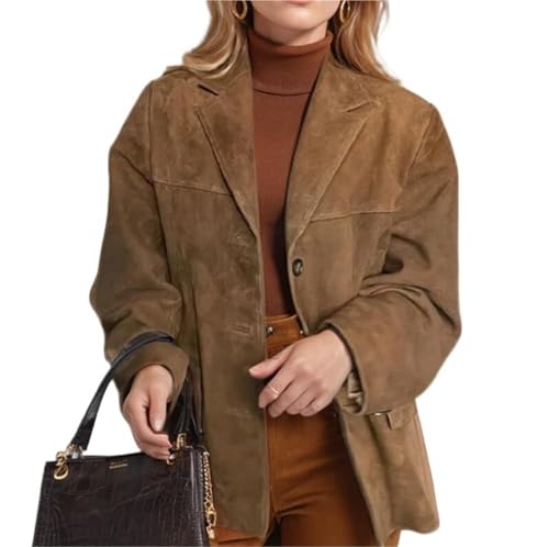 Veste en Daim Grande Taille for Femme Manteau décontracté en Similicuir boutonné Blazer Tendance d'automne(Brown,L)