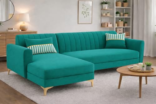 Image of Adorn India Premium Luster 6 Seater L Shape Sofa Set | Velvet Suede Fabric | 3-Year Warranty | LHS |Color Aqua Blue with Golden Legs & Striped Pattern Cushion