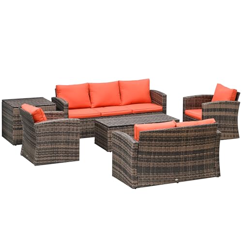 Outsunny 6 Pieces Wicker Patio Furniture Set with Cushions, 7-Seater Rattan Patio Sofa Set with Storage Coffee Table & Side Table, Sectional Outdoor Furniture Set, Orange
