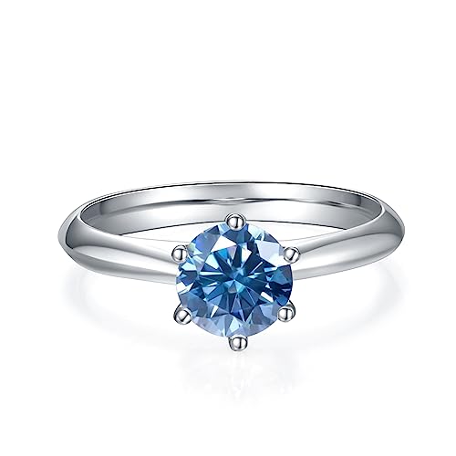 Gem's Beauty Blue Moissanite Rings 0.5CT/1.0CT/1.5CT/2CT/3CT/5CT D Color Round 6 Prong Blue Moissanite Engagement Rings 925 Sterling Silver Diamond Rings for Women Wedding (Size 5-10)