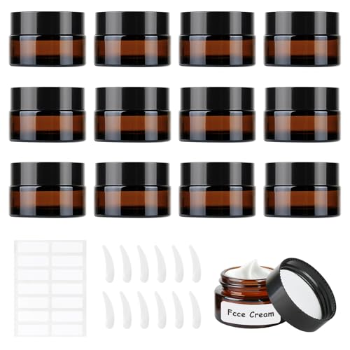 MirraSwit 12 Pcs Brown Glass Jars 20ml, Glass Cosmetic Jars with Label Stickers, Scraping Spoons, Travel Pots with Lids for Cosmetics, Lotion, Creams