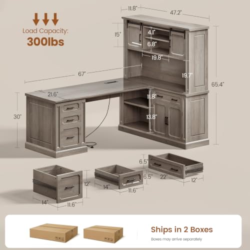 Image of SEDETA 67 inch Farmhouse Executive L Shaped Desk with Hutch & Storage