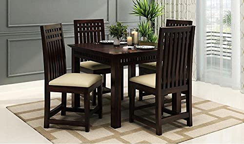 Image of Solid Sheesham Wood 4 Seater Dining Table Set with Cushioned Chairs for Dining Room | Living Room | Home & Office | Hotels Restaurant & Cafe (4 Seater, C-Walnut)