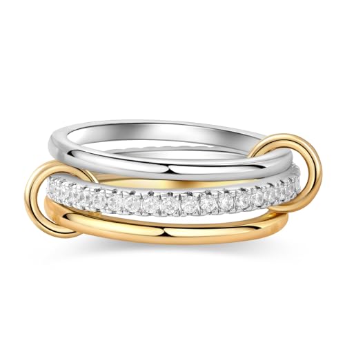 RINEY&KY 18K Gold Plated Moissanite Stackable Rings for Women, Two Tone Interlocking 3 Ring Set S925 Silver Stacking Ring Non Tarnish Dainty Everyday Statement Lab Diamond Eternity Wedding Band Certified Moissanite Gemstone Size 5-10US
