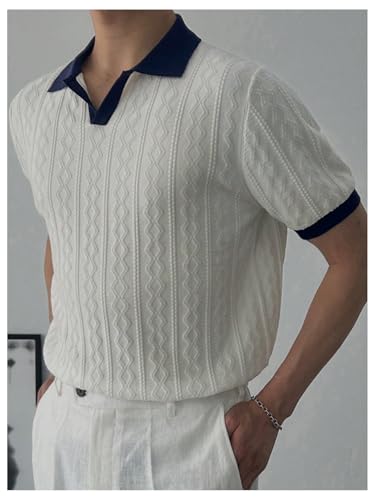 Men's Textured Short Sleeve Knit Top Sweater Lapel Collar V Neck Pullover Sweaters2
