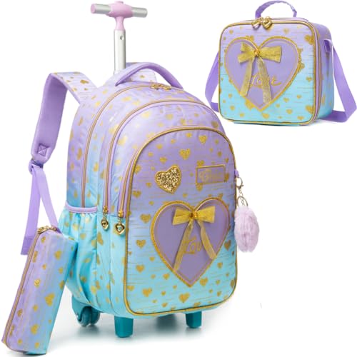 Meetbelify meninas rolando mochila mochila crianças mochilas com rodas para estudantes do ensino fundamental levar na mochila com lancheira mala de viagem bagagem de viagem para meninas de 6 a 8 anos