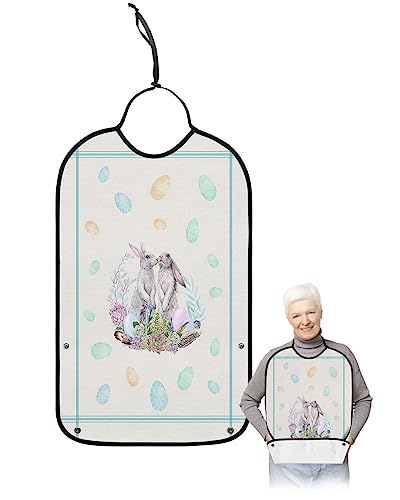 Spring Easter Adult Bibs for Eating, Waterproof Bibs with Food Catcher & Adjustable Snap Closure, Green Stripe Bunny Colorful Eggs Succulents Clothing Protectors Adult Bibs for Elderly Women/Men
