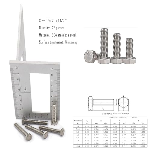 Image of 25pcs Hex Head Screw Bolts, (1 /4-20 x 1-1 /2 inch) Hex Head Bolts, (Full Thread), 304 Stainless Steel (Silvery)