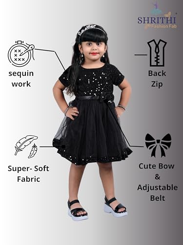 Image of Charming Girls' Kids Velvet & Net Frock with Knee-Length Short Sleeve A-line Round Neck Fit and Flare and Back Zipper Closure|Kids Dress for Baby Girls Birthday Outfit