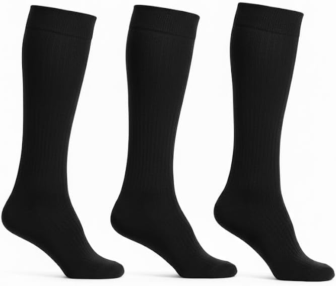 EvoNation Men's 3-Pack 20-30 mmHg Firm Compression Socks – Solid Nylon Knee-High Medical Support for Travel, Standing & Swelling Relief