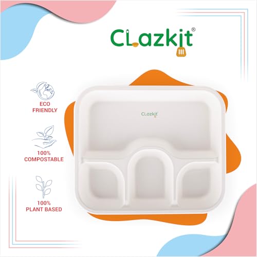 Image of Clazkit 25 Pack, 4-Compartment Disposable Meal Tray | Compostable Bagasse Plates | Eco-Friendly Biodegradable Dinner Plates | Party, Wedding, Event Plates