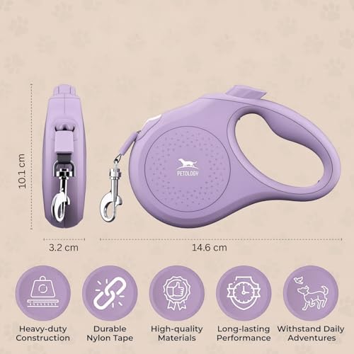Image of Petology Retractable Dog Leash | 3 Meter (10ft) Nylon Tape | for Dogs Upto 12kgs | Heavy Duty Rope, 360 Tangle-Free, One-Hand Brake & Lock System, Anti-Slip Comfortable Grip