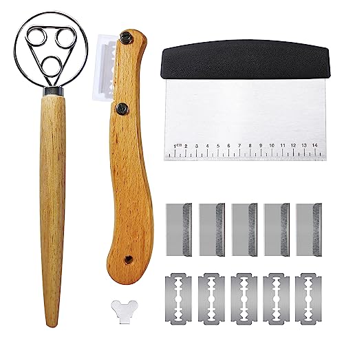 YCJKIYPT Bread Making Tool Set,Dough Scraper and Bread Scoring Tool for Making Beautiful Bread Tools-Dough Whisk,Dough Scrapers, Bread Lame with 10 Blades Included Replacement (Black)