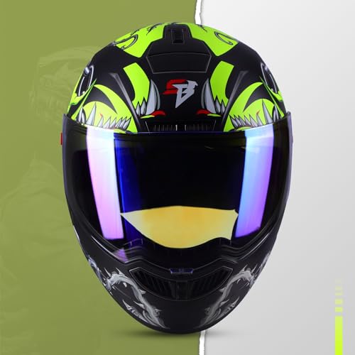 Image of Steelbird SBA-1 Angry Dog ISI Certified Full Face Graphic Helmet for Men and Women (Medium 580 MM, Glossy Black Neon with Night Vision Blue Visor)