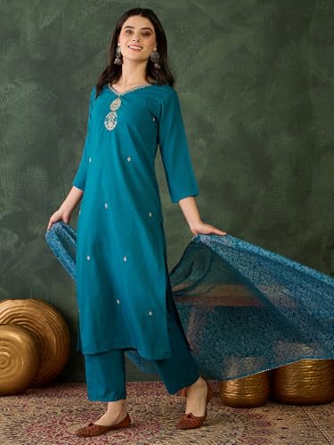 Image of Naixa Women's Rayon Cotton Lining Embroidered Straight Kurta with Pant and Dupatta Sets (NX-470)