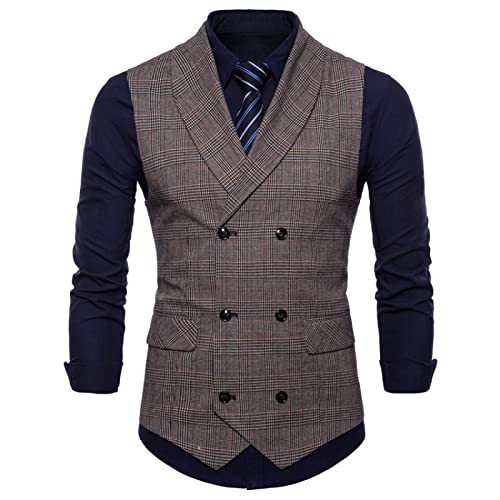WANMN Colete de fato formal xadrez para homem vestido de negócios moda casual colete de fato cruzado primavera e outono, Café