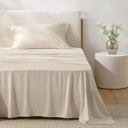 Image of Bedsure Cooling Sheets Twin, Rayon Derived from Bamboo, PureWoven, Breathable & Soft Twin Sheets Set, Deep Pocket Up to 16 Inches, Hotel Luxury Silky Bedding for Hot Sleepers, Light Beige