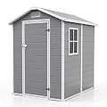 4x6 FT Outdoor Storage Shed with Floor, Plastic Resin Garden Shed with Window & Sloping Roof & Lockable Door for Patio Backyard Garden, Lawn Mower, Bike, Tool Storage