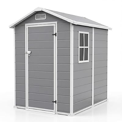 4x6 FT Outdoor Storage Shed with Floor, Plastic Resin Garden Shed with Window & Sloping Roof & Lockable Door for Patio Backyard Garden, Lawn Mower, Bike, Tool Storage