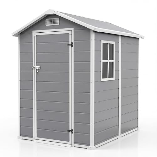 4x6 FT Outdoor Storage Shed with Floor, Plastic Resin Garden Shed with Window & Sloping Roof & Lockable Door for Patio Backyard Garden, Lawn Mower, Bi