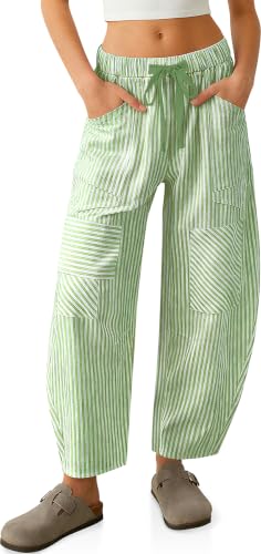 Image of TARSE Womens Striped Linen Barrel Pants with Pockets Y2k Patchwork