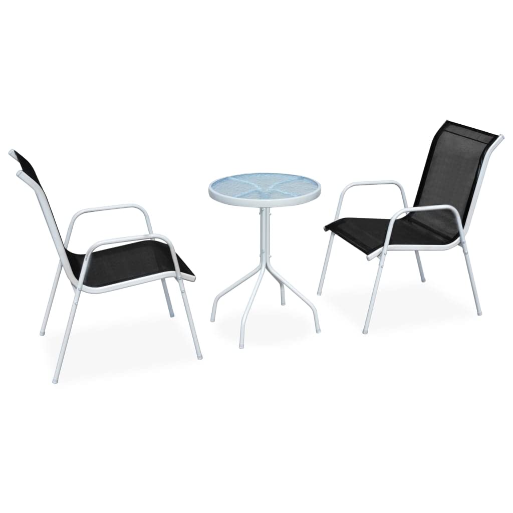 Juego de mesa y silla de jardín de 3 piezas de acero con recubrimiento en polvo con tablero de cristal templado para terraza, balcón y muebles de jardín, muebles de salón para exteriores