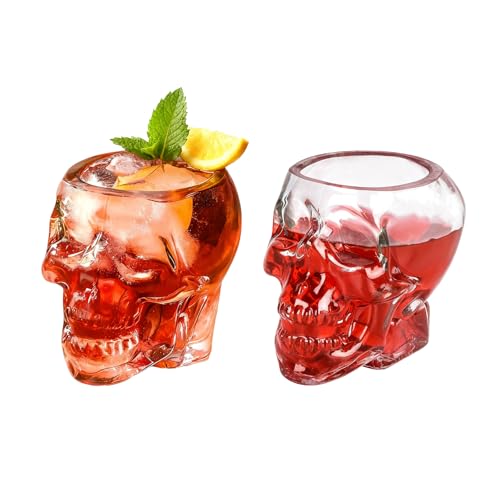 REUJIHXY 2Pcs 12oz Halloween Skull Glass Cup Wine Glass Multipurpose Clear Skull Face Drinking Cup for Cocktail Margarita Whiskey Juice for Halloween Themed Party Decorations Gifts (2 12oz)