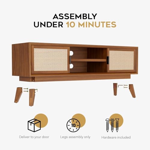 Image of Premium Solid Wood, 10 Minutes Assembly (Legs Only), Aesthetic Rattan Doors, Mid Century Entertainment Center for Living Room, TV Stand for 65 inch TV, Dark Chocolate (Honey Colour)