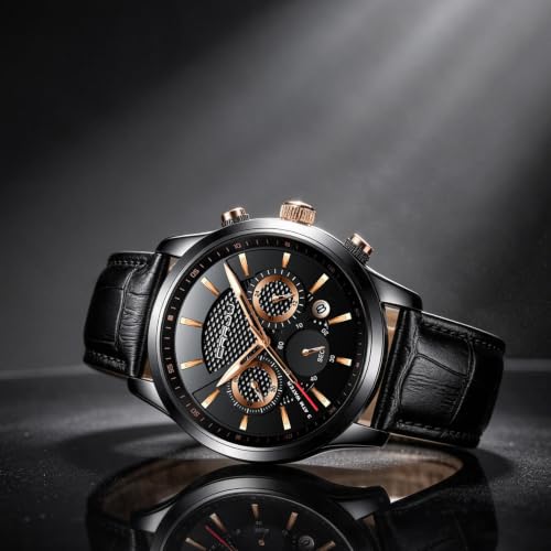 Image of CRRJU Men's Business Casual Chronograph Quartz Waterproof Wristwatch Black Leather Strap