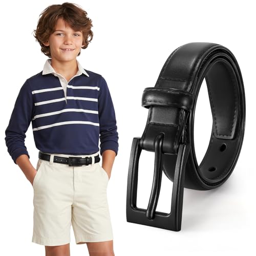 XZQTIVE Metal Free Kids Belts for Boys Hypoallergenic Leather Belt for School Uniform Casual Jeans Wear Black(Fit Waist: 18-22)