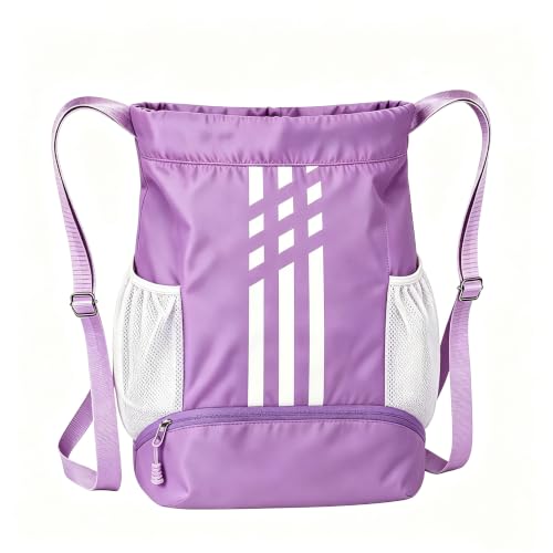 Image of Soccer Bag, Youth Soccer Basketball Bag with Compartments Drawstring Backpack for Football Volleyball Gym Training (Purple)