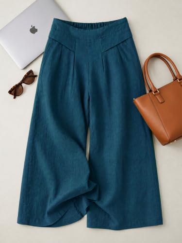 Image of Womanista Women's Relaxed Fit Pure Cotton Linen Flared Palazzo Pants for Woman | Wide Leg Casual Trouser with Pockets | Plazo pants for Women | High Waist Office & Travel Wear (Available in plus size)