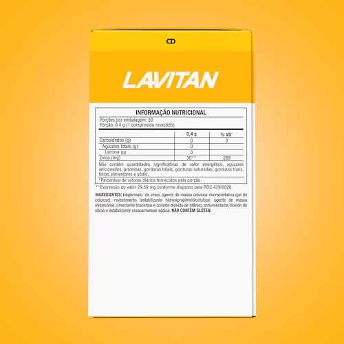 LAVITAN Zinco Quelato 29,59mg Com 30 Comprimidos Revestidos