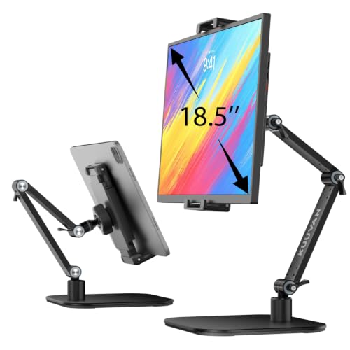 KUUVAN Portable Monitor Stand Holder for 15.6 18.5 Heavy Duty Aluminum Desktop Holder up to 3.3lb Knob-Locking Adjustable Arm Mount Compatible with 7.9-18.5inch Tablets iPad Pro (Black)