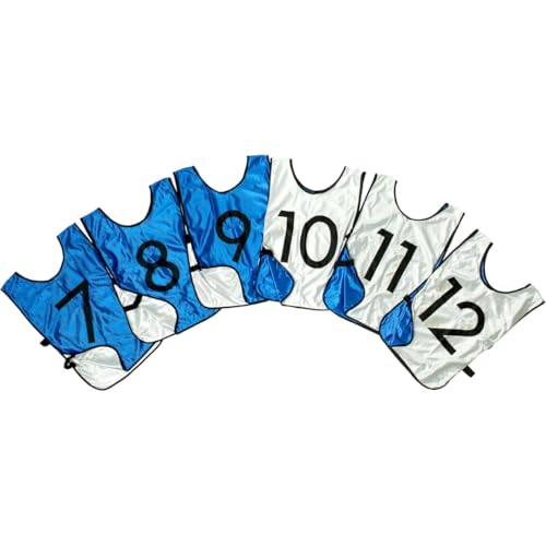 LVL10 Pro Sports Pinnies - Reversible Numbered Pinnies with Premium Fabric, Comfortable Fit and Fade-Resistant Print - Adults Kids (Medium, 6 Pack (7-12), Blue/White)