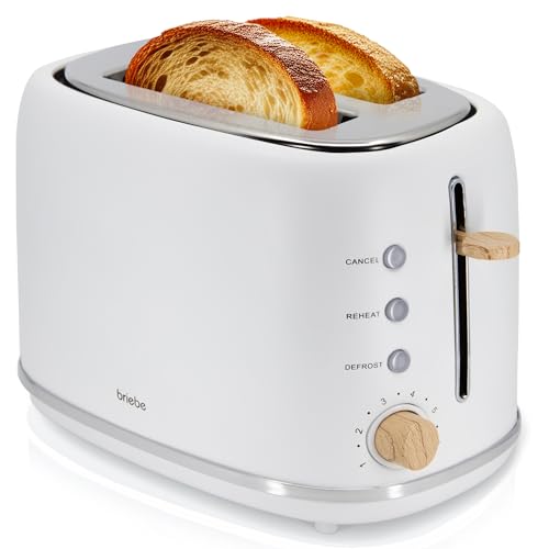 briebe Nordic Tostadora Pan Ranura Ancha, Tostador 2 Rebanadas, 6 Niveles Tostado, Calientapanecillos, Función Cancelar, Recalentar y Descongelar, Bandeja Recogemigas, Diseño Nórdico, 870W, Blanco