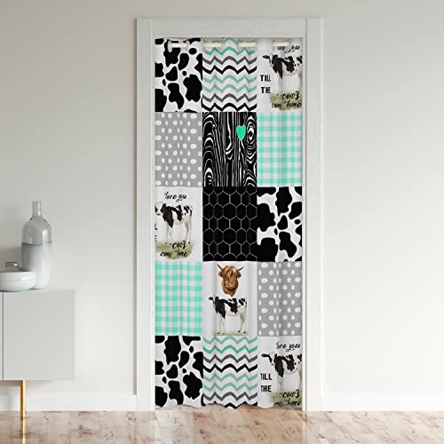 Cute Cow Print Doorway Curtain 42"W X 80"L Kawaii Highland Cow Door Curtain Bedroom Decor Honeycomb Plaid Pattern Geometric Stripes Door Drape Cartoon Farm Animals Curtain, Green Black Grey
