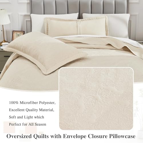 Image of ENJOHOS Oversized King Bedspread 138x122, California King Quilt with Damask Pattern, Beige Coverlet with Pillowcase, Lightweight Soft Extra Wide Comforter Bedding Set for All Season | Breathable