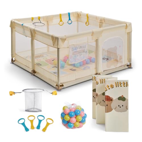 Buddy Baby Park - Parc pour bébé 120 x 120 cm + tapis + poignées + panier + balles - Parc de jeux pliable avec porte latérale (vanille)