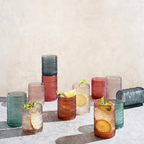 Image of Khen Hobnail Beaded Highball Drinking Tumbler Glasses | Set of 12 | Color, Vintage Bubble Design Whiskey Glassware, Old-Fashioned, Embossed Design for Water, Wine, Cocktail Embossed, Rocks Glass