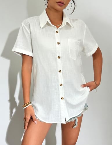 Zeagoo Womens Button Down Linen Shirt Short Sleeve Cotton Blouse Summer Casual Loose Fit Beach Tops S-2XL4