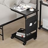 Holdm サイドテーブル キャスター付き 【収納ポケット付き】ナイトテーブル サイドテーブル ベッド横 おしゃれ 幅37×奥行26×高さ54cm アジャスター付き コの字 移動便利 ソファスリム 小型 ミニテーブル コーヒーテーブル (ブラック)