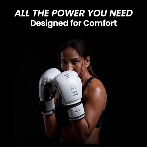 Image of Pulseit Knockout Boxing Gloves for Men & Women | Premium PU Leather | Training, Sparring, Kickboxing, Muay Thai & MMA | Multi-Layer Foam Padding, Wrist Support, Breathable (White)