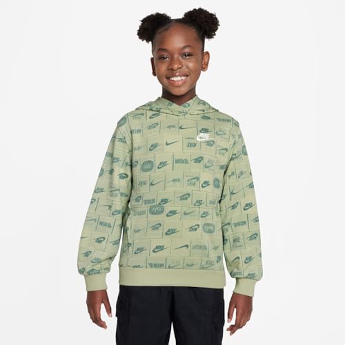 Nike Sportswear Club Fleece Big Kid's Printed Pullover Hoodie (US, Alpha, X-Small, Regular, Olive Aura/White)2
