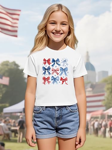 Image of VVNTY Girls American Flag Crop Tops Kids USA Crop Shirt Patriotic 4th of July Tops 5-14 Years