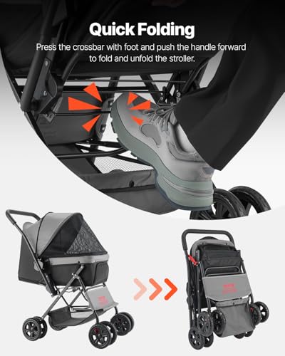 Image of VEVOR Pet Stroller, 44 lbs Weight Capacity, Foldable Dog Cart, 4 Wheels Cats Stroller with Mesh Windows & Revrsible Handle, Portable Pet Carrier with Brake, for Small to Medium Pets