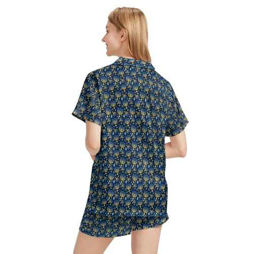 Image of Funny Satin Pajamas Set for Women Button Down Sleepwear Print Pjs Set 2 Piece Short Sleeve Loungewear Gift for Women
